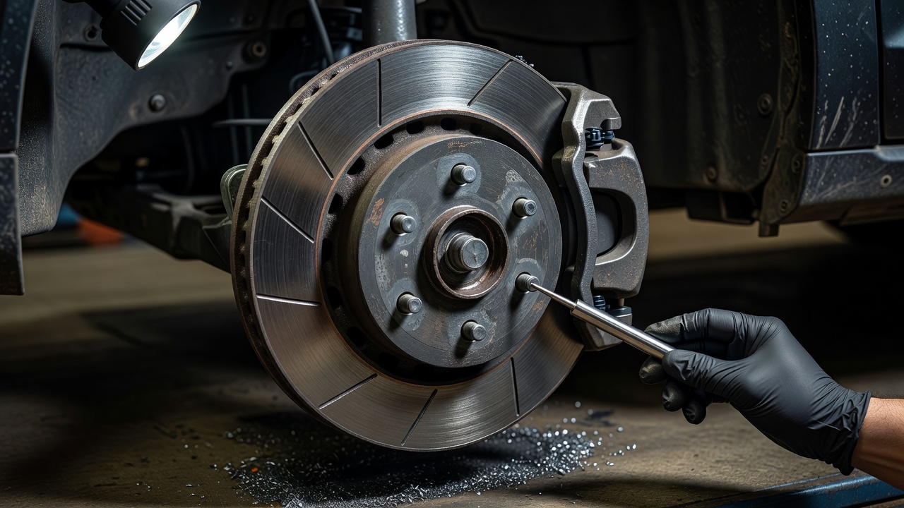 Close-up of a vehicle brake disc and caliper during a maintenance inspection
