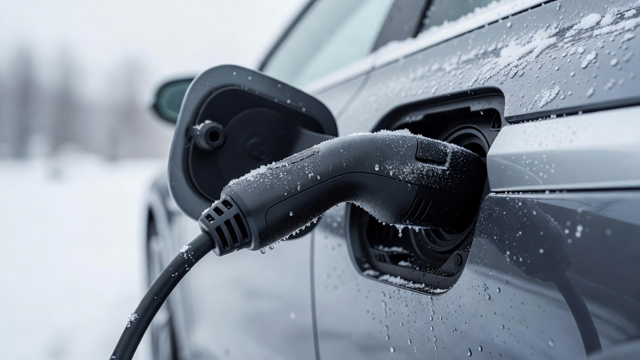 Close-up of an electric-car charging connector seated in a charging port in winter