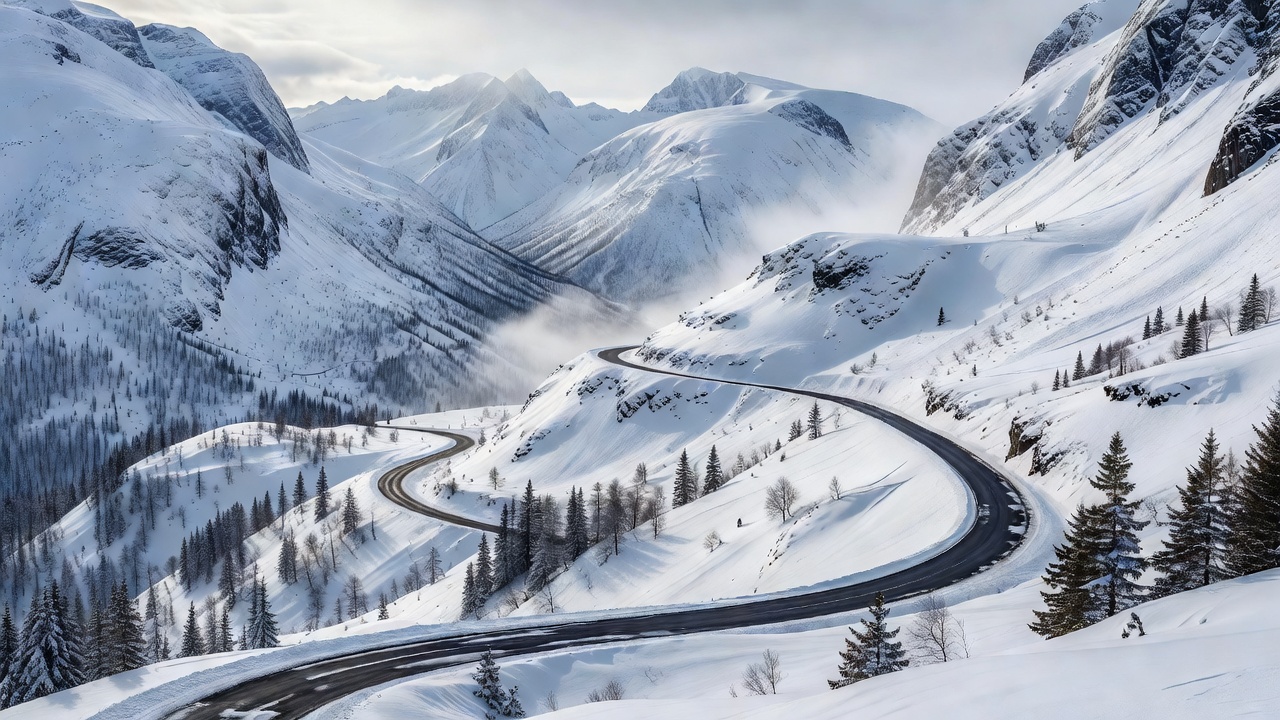 Winding Norwegian mountain-pass road beneath snow-covered slopes
