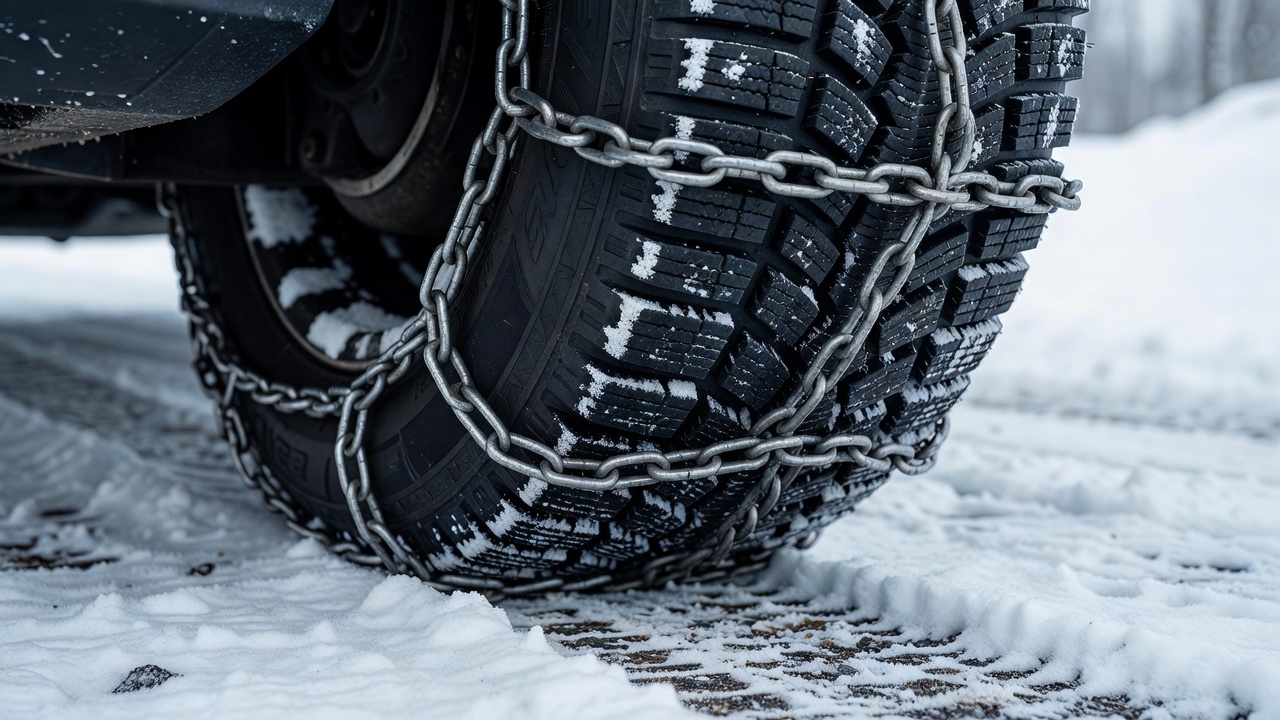 Winter tyre tread and a fitted snow chain viewed close to the wheel